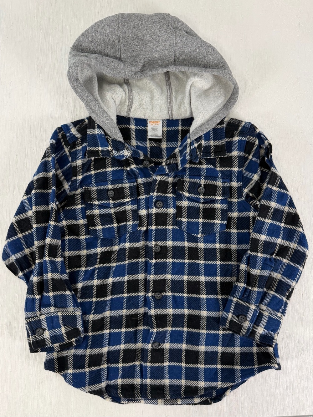 Gymboree Size Small 3/4 Boys Blue shirt Jacket Top flannel plaid w/ Hood